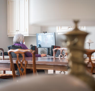 Her Excellency is sitting at a computer desk. She is participating in a virtual event.
