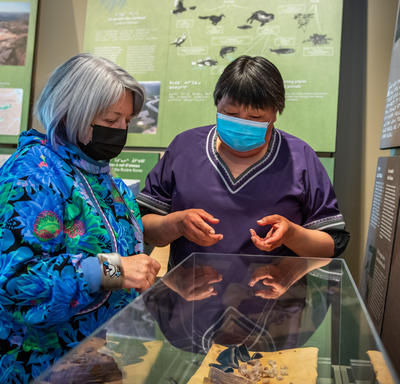 La gouverneure générale regarde un display.