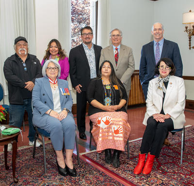 Their Excellencies are posing for a group photo with Lieutenant Governor of British Columbia, Janet Austin, Premier of British Columbia John Horgan, and representatives of First Nations leadership.