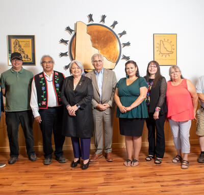 Their Excellencies are posing for a group photo with Yukon First Nations leaders.