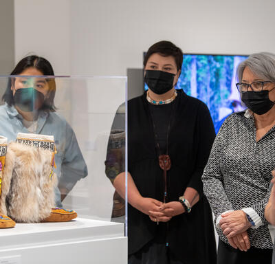 Her Excellency is standing with a group of people looking at artwork.