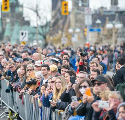 View of the crowd assembled for the Remembrance Day ceremony at the National War Memorial.