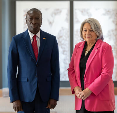 His Excellency Keith Linden George, High Commissioner of the Cooperative Republic of Guyana, is standing next to the Governor General.