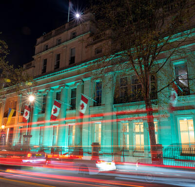 Night time view of Canada House in London England