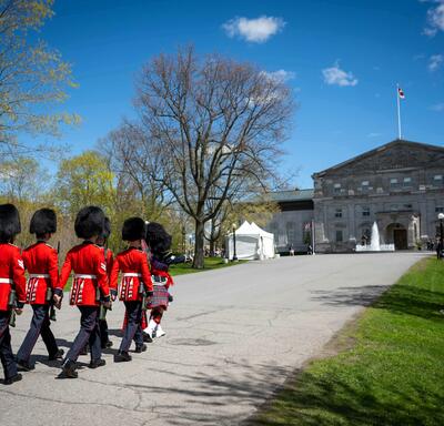 Members of the Governor General Foot Guards perform the Changing of the Guard during the Rideau Hall coronation event in Ottawa.