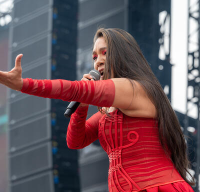 A singer sings during the Canada Day celebration