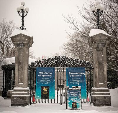 Sussex Gate on a cloudy and snowy day.
