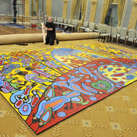 Installation of a Norval Morrisseau painting in the Rideau Hall Ballroom