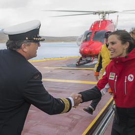 Upon landing on the CCGS Amundsen, the Honourable Kirsty Duncan, Minister of Science was greeted by Claude Lafrance, Captain of the CCGS Amundsen.