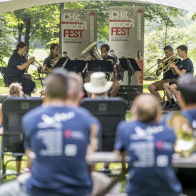 A quintet of brass musicians performs at Chamberfest 2018 on the grounds of Rideau Hall.