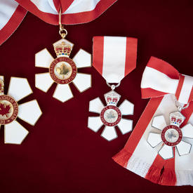 Four medals representing the three levels of the Order of Canada are displayed a red velvet background