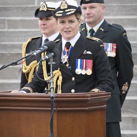La gouverneure générale s’est s’adressée aux membres actifs et retraités de l’équipe de logistique provenant de tous les éléments de la Force régulière et de la Force de réserve et de toutes les régions du Canada.