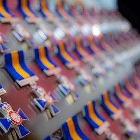 A close-up of the medals that are being issued.