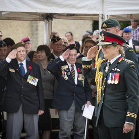 The Governor General salutes a crowd of veterans.
