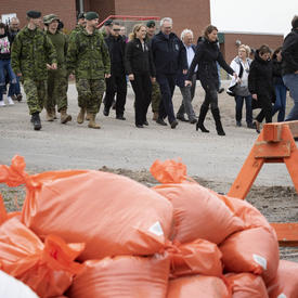 The Governor General is walking alongside a group of Canadian Armed Force members. 