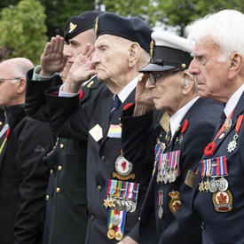 Des hommes âgés, y compris des anciens combattants, se tiennent debout l'un derrière l'autre. Les anciens combattants saluent. Le général Julie Payette dépose une couronne au pied d'un monument blanc.