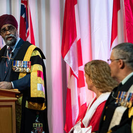 The Honourable Harjit S. Sajjan, Minister of National Defence, delivers remarks at the convocation ceremony. 
