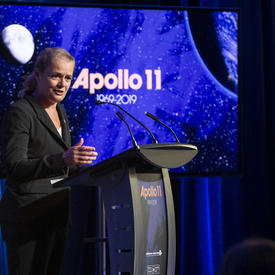 The Governor General delivers remarks at a podium.
