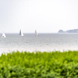 A photo of the ocean with sailboats in the distance.