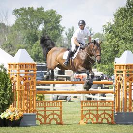 A rider and his horse jump over a fence during an outdoor equestrian competition.
