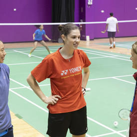 The Governor General met with badminton players Michelle Li and Rachel Honderich during a practice. 