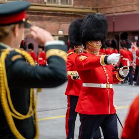 The Governor General salutes the Governor General's Foot Guards during a change of command ceremony.