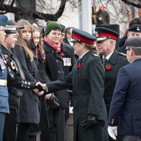 The Governor General shakes hands with a cadet at the National Remembrance Day Ceremony. 