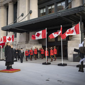 Upon arrival at the Senate of Canada Building, the Governor General received the Royal salute.