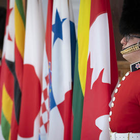 A photo of national flags flanked by two ceremonial guards. 