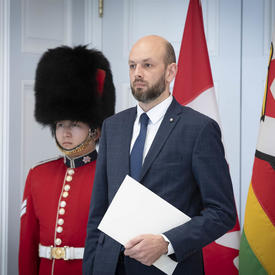 The Ambassador-designate of the Republic of Lithuania prepares to hand letters of credence to the Governor General.