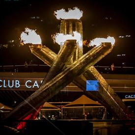 The Vancouver 2010 Olympic Cauldron lit on a Vancouver night.