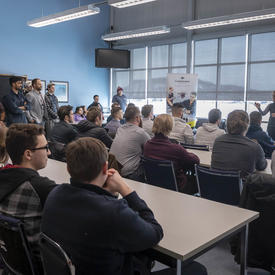 The Governor General answers questions from students at the Aviation Centre of Excellence. 