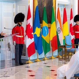The Governor General delivers remarks from a podium during a Letters of Credence ceremony at Rideau Hall.