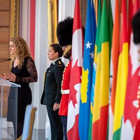 The Governor General delivers remarks from a podium during a Letters of Credence ceremony at Rideau Hall.