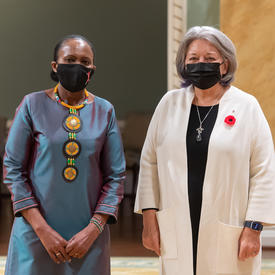 Her Excellency Immaculate Nduku Musili Wambua, High Commissioner of the Republic of Kenya, stands to the right of Governor General Mary May Simon for a photograph.