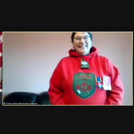 Split screen of Governor General Mary Simon and General Wayne Eyre and the Honours recipient – a woman in a red sweatshirt.