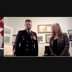 Split screen of Governor General Mary Simon and General Wayne Eyre and the Honours recipient – a man in uniform with a woman to his left.
