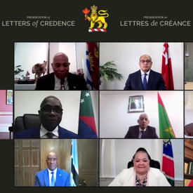 A multi-panel screen shot of Governor General Mary Simon and all nine new heads of mission.