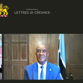 Un écran partagé de la gouverneure générale Mary Simon et Son Excellence Onkokame Kitso Mokaila, Haut-commissaire de la République du Botswana.