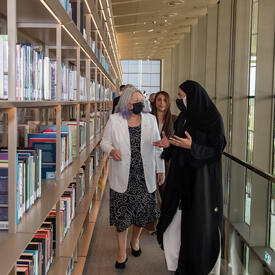 Governor General Mary Simon talking with staff at the House of Wisdom. 