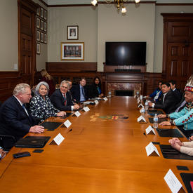 Leurs Excellences, le premier ministre Doug Ford et les membres du Conseil de leadership des Premières nations et des chefs de l'Ontario sont assis à une table.