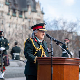 Governor General Simon is delivering remarks at the National War Memorial.