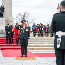 Governor General Simon is saluting. She is standing on a small podium in front of the National War Memorial.