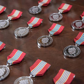 Rangées de Médailles du souverain pour les bénévoles.