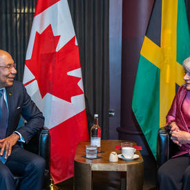 Governor General Simon and Governor General of Jamaica, Patrick Allen, are sitting across from each other. 