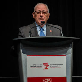 L’honorable Georges Furey, président du Sénat du Canada, est au micro sur l’estrade.