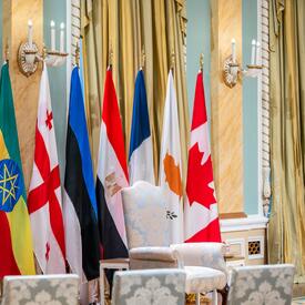 Row of flags representing countries of ambassadors presenting their letters of credence.