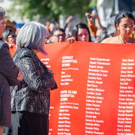 Governor General Simon and Mr. Fraser are looking at the Memorial Cloth. Numerous names are written in white on the large red cloth. A crowd is standing behind the cloth. 