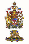 Badge of The Royal Regiment of Canadian Artillery, surmounted by the Royal Arms of Canada