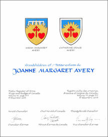 Letters patent granting heraldic emblems to Joanne Margaret Avery